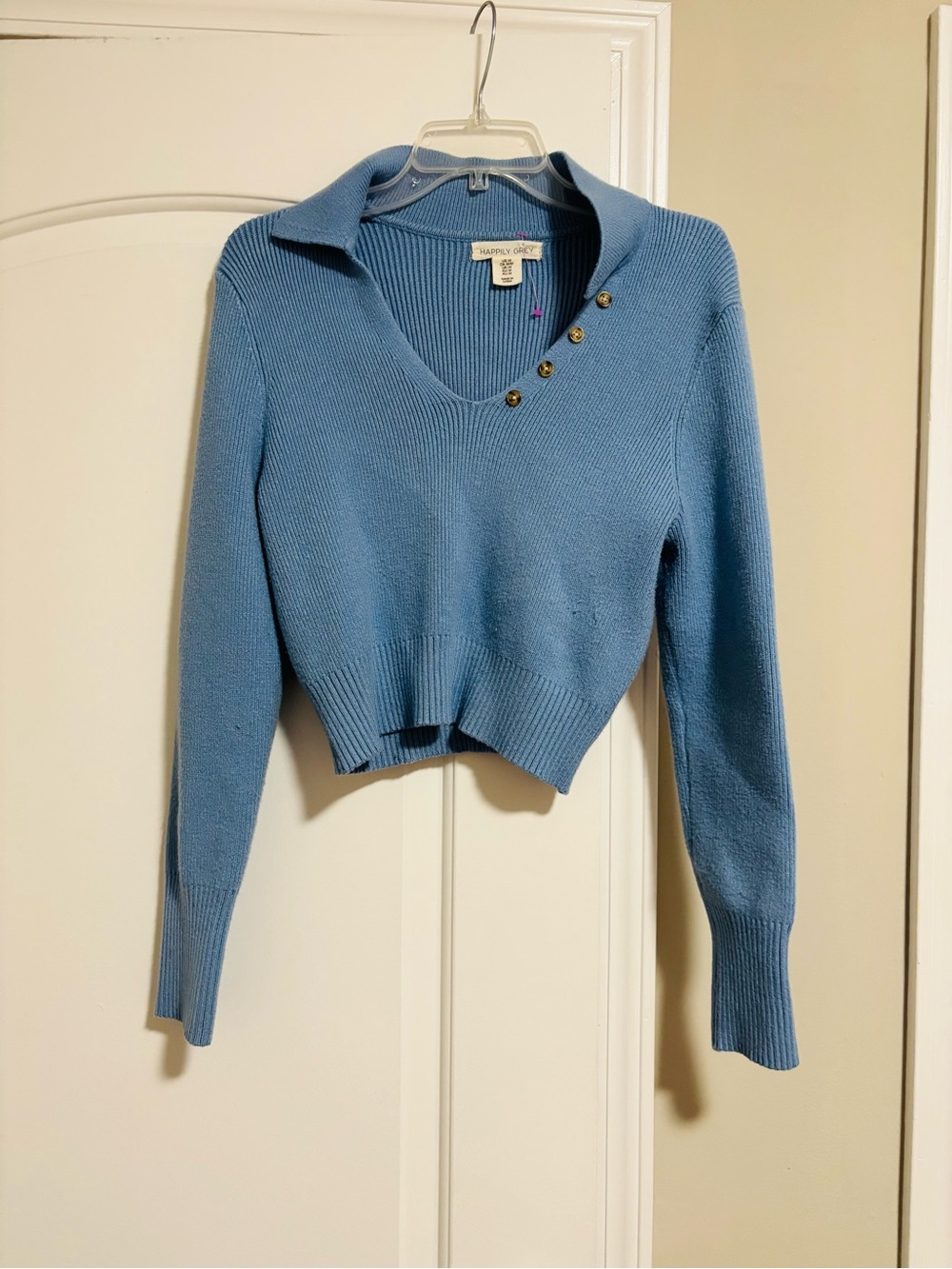 HAPPILY GREY, Blue V-Neck Button Detail Cropped Sweater, Size Medium